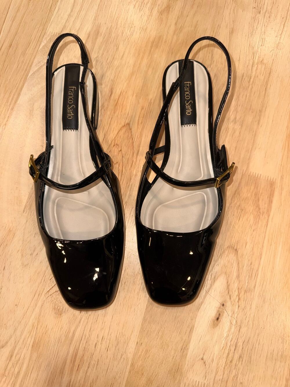 Franco Sarto Destin black patent slingback flats, women’s size 9W Wide.